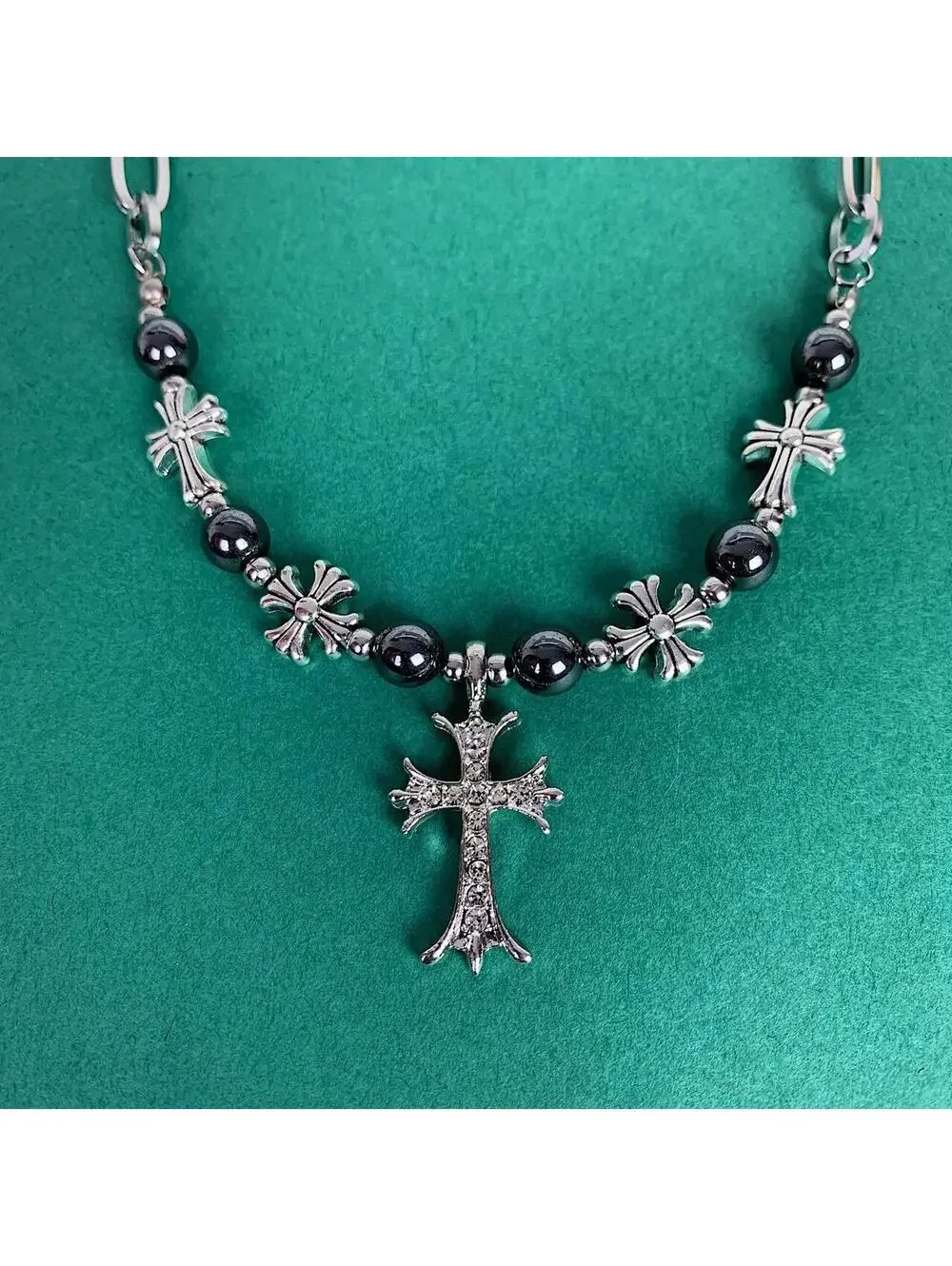 Cyber y2k 2000s style grunge chrome pearl rhinestone silver cross pendant Cuban
